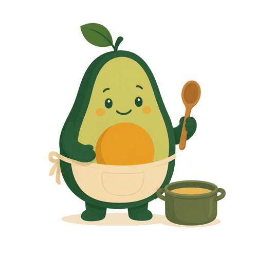 Pip the avocado mascot cooking with a spoon and pot
